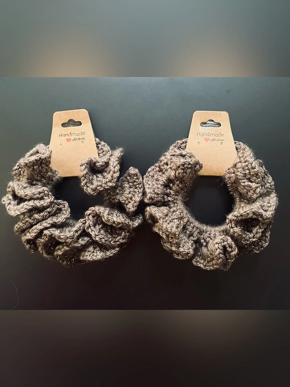 Set of 2 Extra Ruffle Crochet Hair Scrunchies Sparkling Brown - Handmade NIP